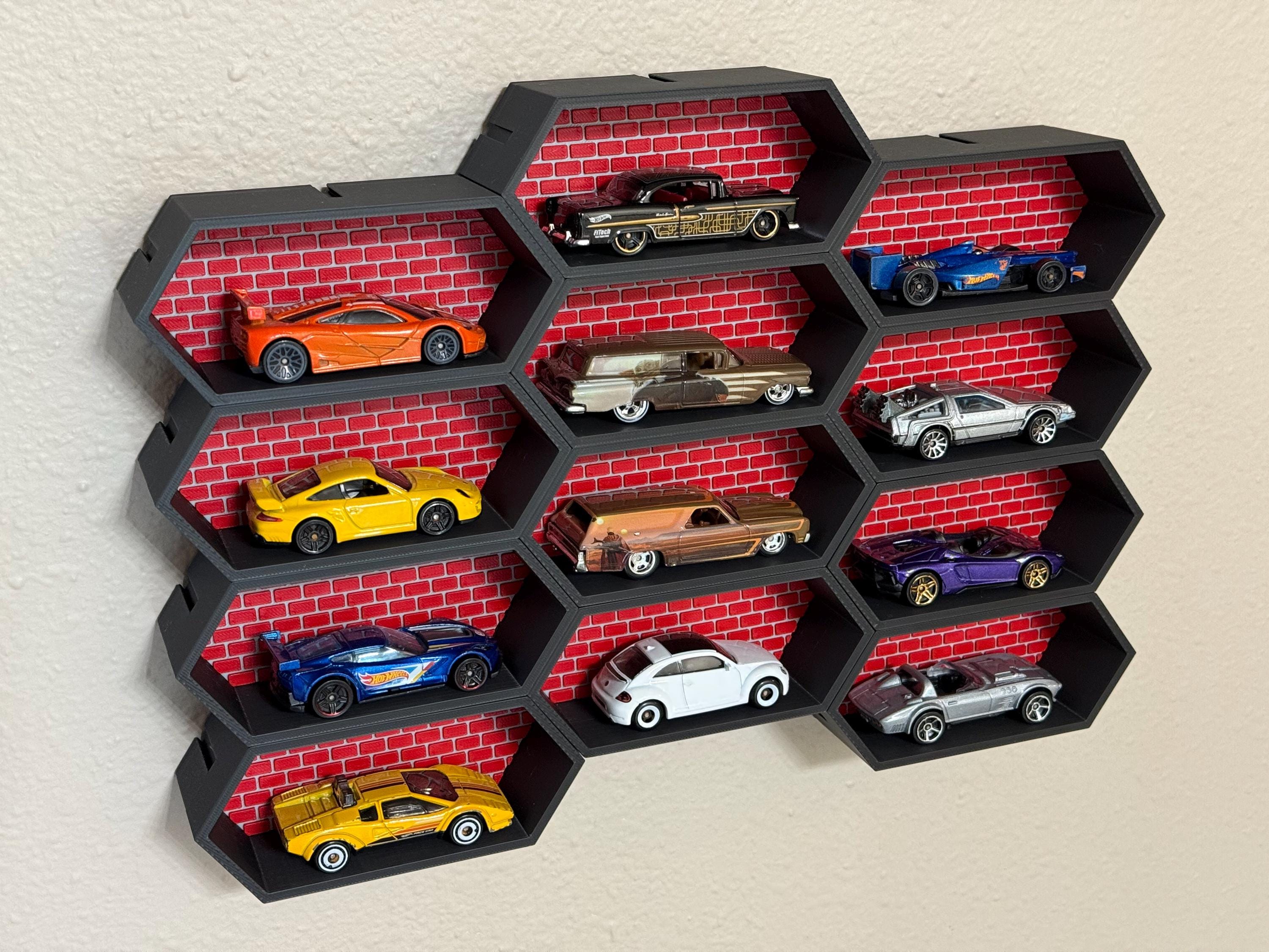 Premium 1:64 Scale Toy Car Hexagon Display System with Custom 3D Backdrop!