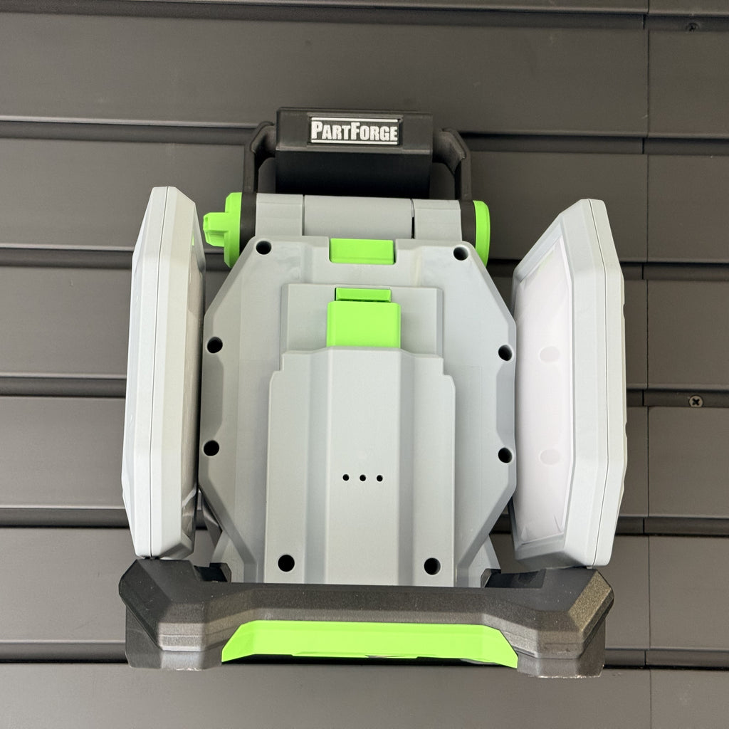 EGO LT1000 area light hanging by its handle on a PartForge Gearwall mount