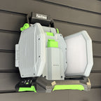 EGO LT1000 area light hanging by its handle on a PartForge slatwall mount