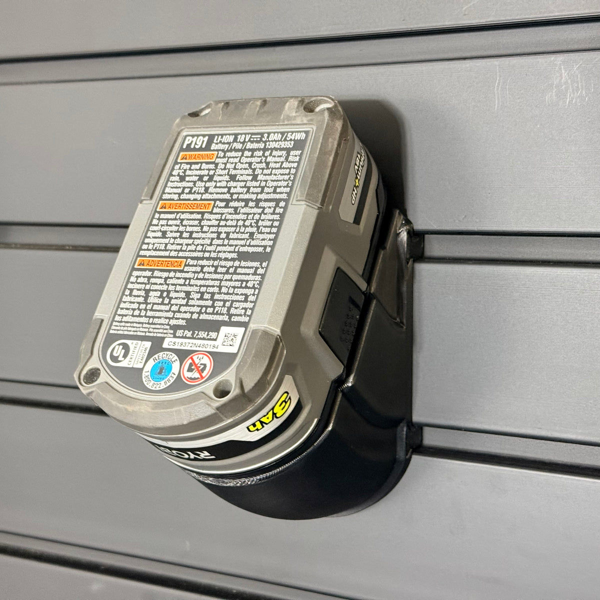 Ryobi 18V ONE+ Battery Angled Mount for Slatwall Systems | Secure Storage