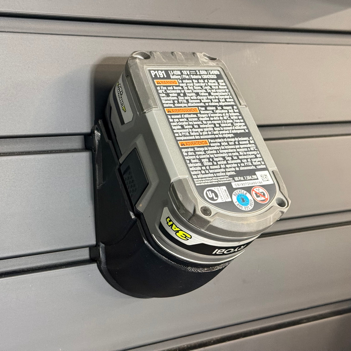 Ryobi 18V ONE+ Battery Angled Mount for Slatwall Systems | Secure Storage