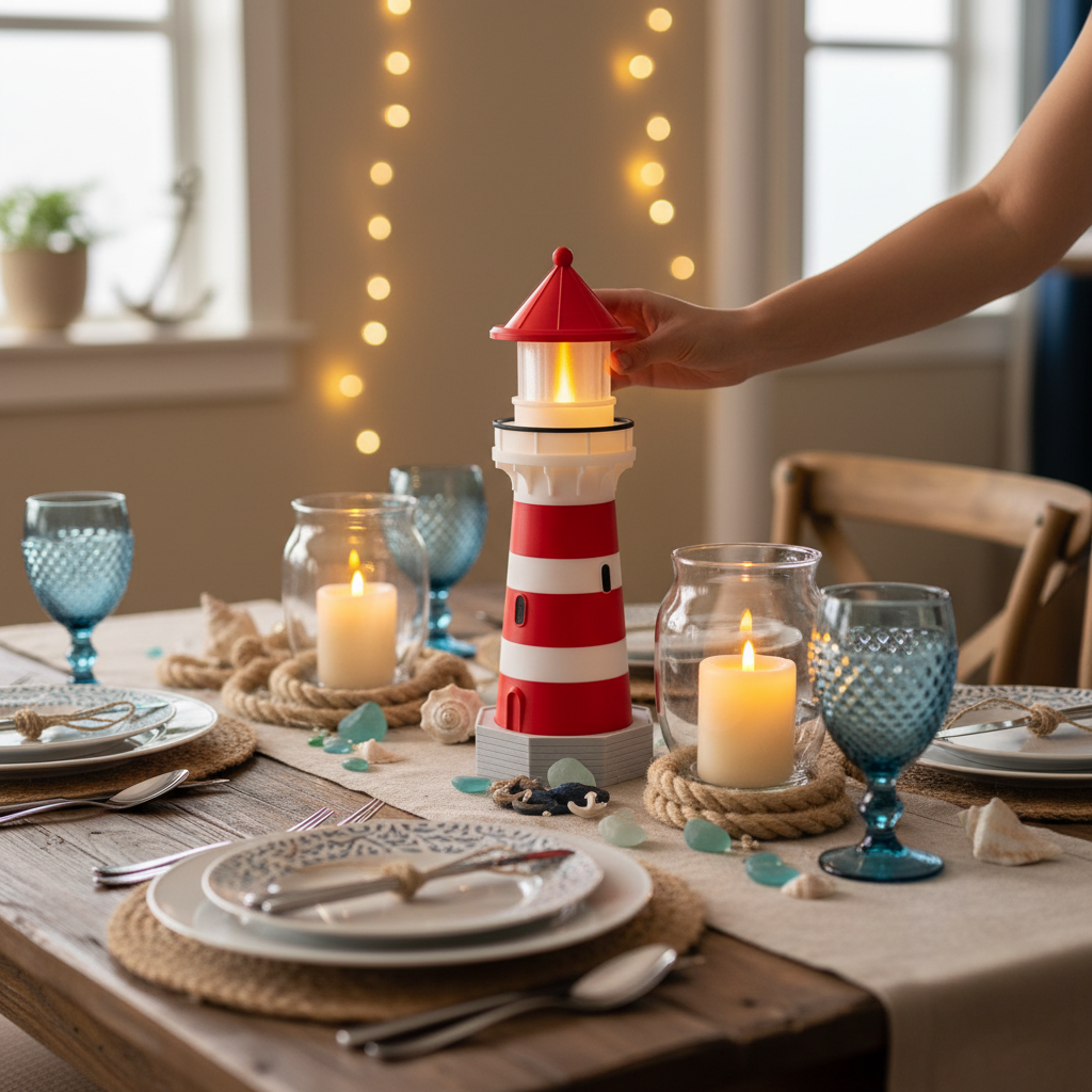 Nautical LED Lighthouse Decor | Tabletop Centerpiece | 9.5 inch